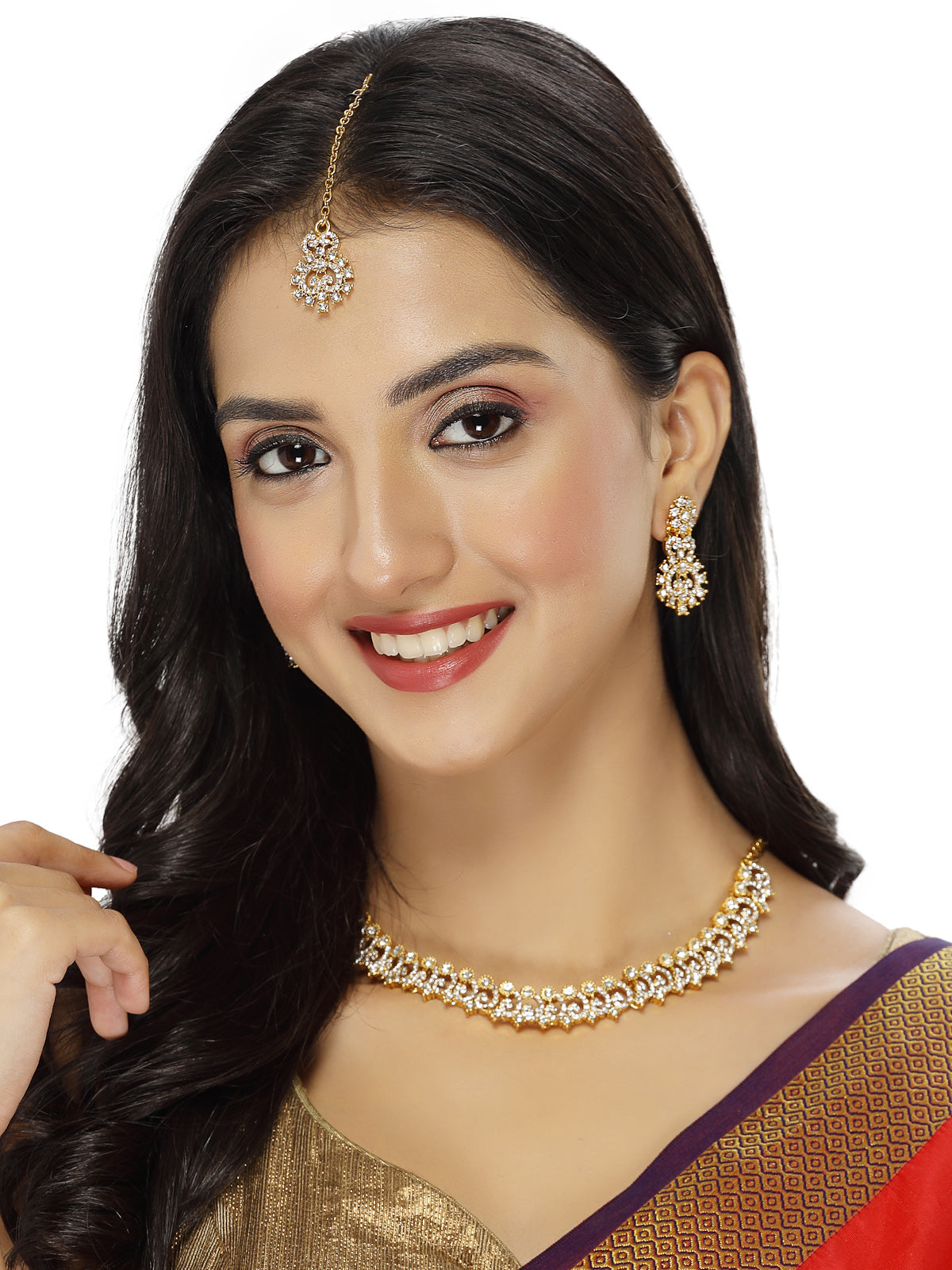 Sukkhi Festive Gold Plated AD White Stone Collar Bone Necklace Set With Earring And Maangtika | Jewellery Set For Women (NS105716)