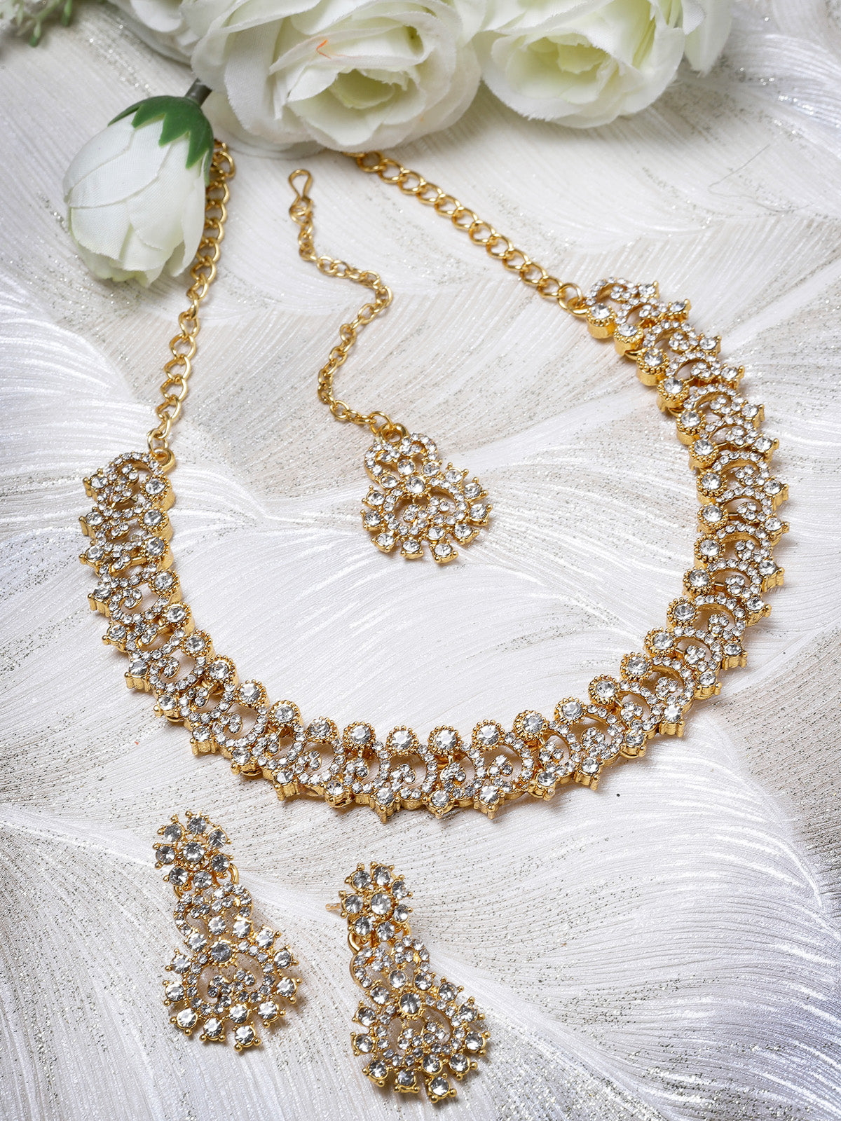 Sukkhi Festive Gold Plated AD White Stone Collar Bone Necklace Set With Earring And Maangtika | Jewellery Set For Women (NS105716)
