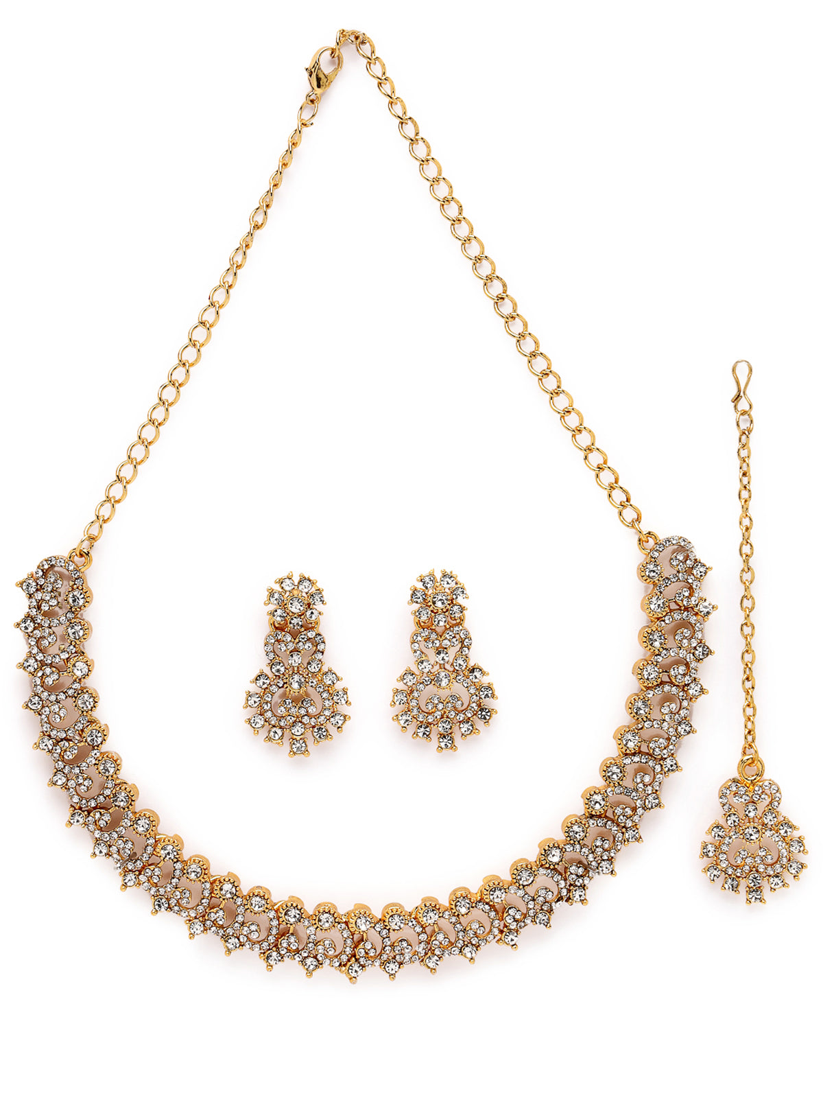 Sukkhi Festive Gold Plated AD White Stone Collar Bone Necklace Set With Earring And Maangtika | Jewellery Set For Women (NS105716)