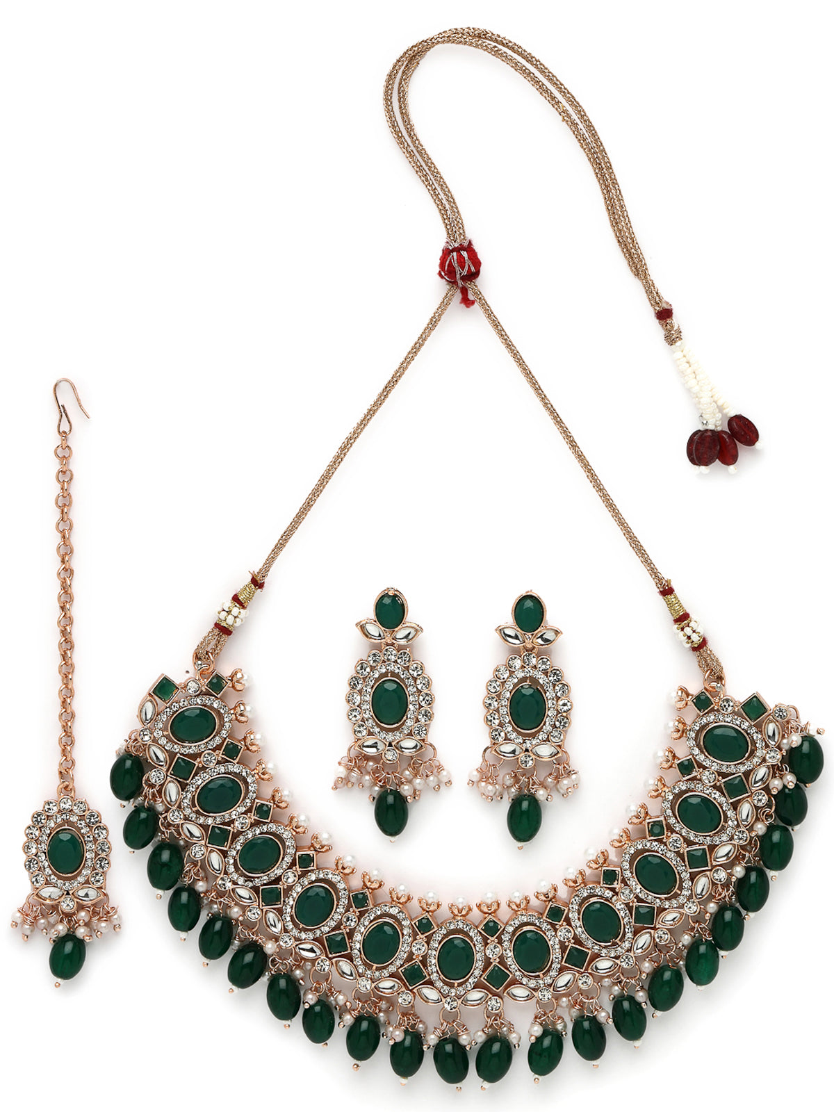 Sukkhi Bright Gold Plated AD Green Stones With Drop Beads Collar Bone Necklace Set With Earring And Maangtika | Jewellery Set For Women (NS105717)