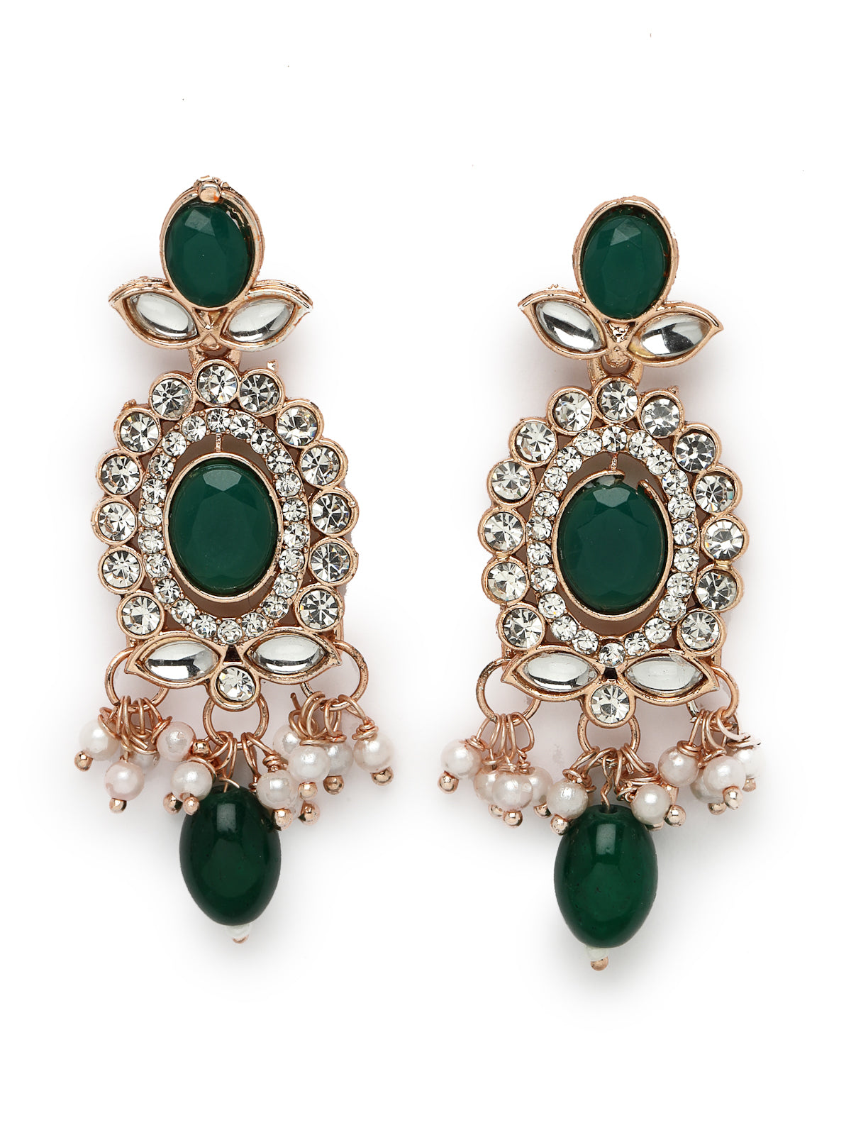 Sukkhi Bright Gold Plated AD Green Stones With Drop Beads Collar Bone Necklace Set With Earring And Maangtika | Jewellery Set For Women (NS105717)