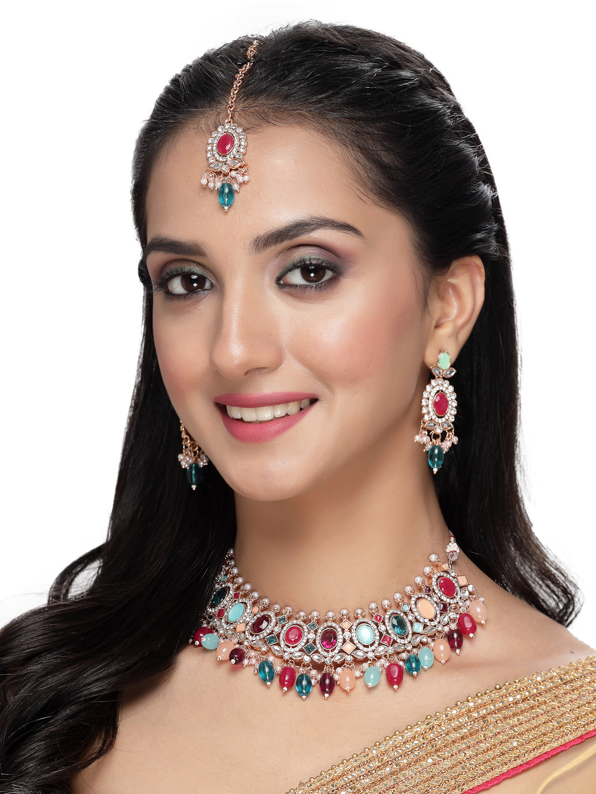 Sukkhi Bright Gold Plated Multicolor AD Stones With Drop Beads Collar Bone Necklace Set With Earring And Maangtika | Jewellery Set For Women (NS105718)