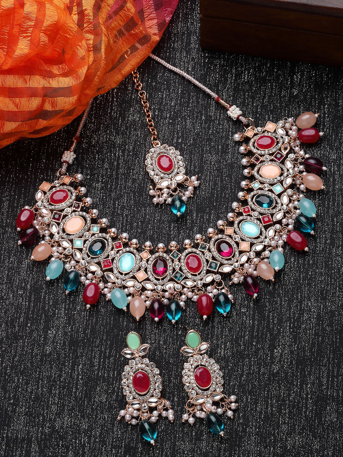 Sukkhi Bright Gold Plated Multicolor AD Stones With Drop Beads Collar Bone Necklace Set With Earring And Maangtika | Jewellery Set For Women (NS105718)