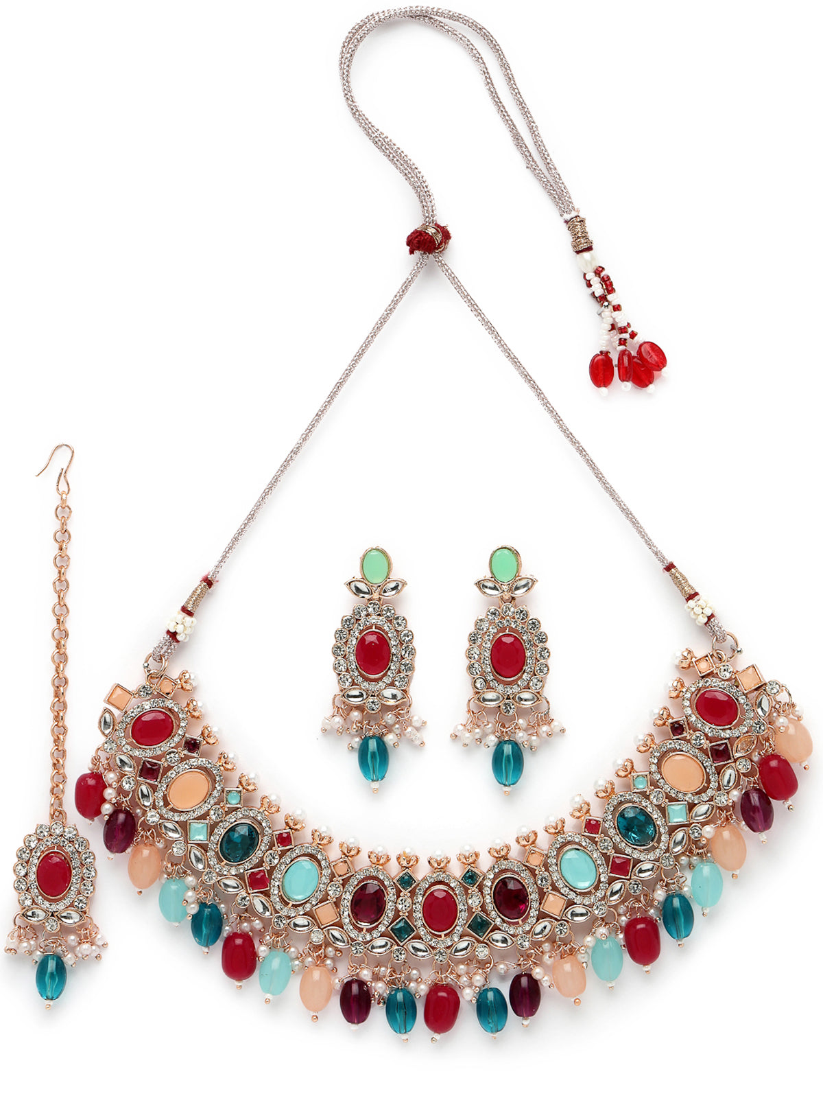 Sukkhi Bright Gold Plated Multicolor AD Stones With Drop Beads Collar Bone Necklace Set With Earring And Maangtika | Jewellery Set For Women (NS105718)
