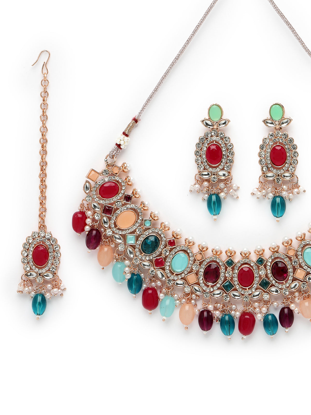 Sukkhi Bright Gold Plated Multicolor AD Stones With Drop Beads Collar Bone Necklace Set With Earring And Maangtika | Jewellery Set For Women (NS105718)
