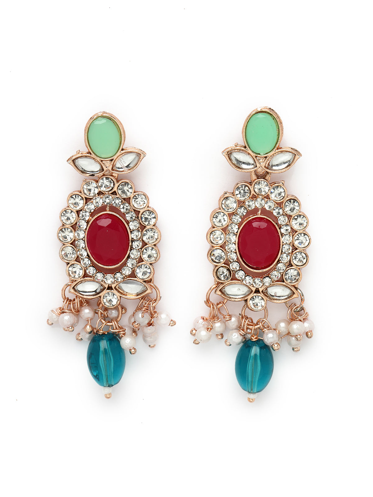 Sukkhi Bright Gold Plated Multicolor AD Stones With Drop Beads Collar Bone Necklace Set With Earring And Maangtika | Jewellery Set For Women (NS105718)