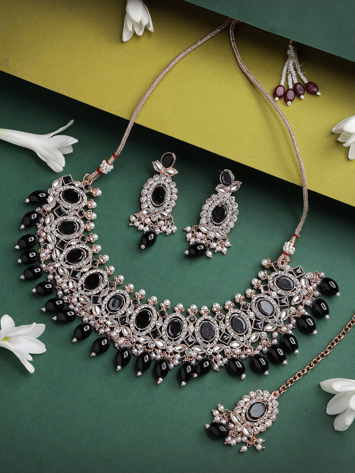 Sukkhi Bright Gold Plated Black AD Black Stones With Drop Beads Collar Bone Necklace Set With Earring And Maangtika | Jewellery Set For Women (NS105719)