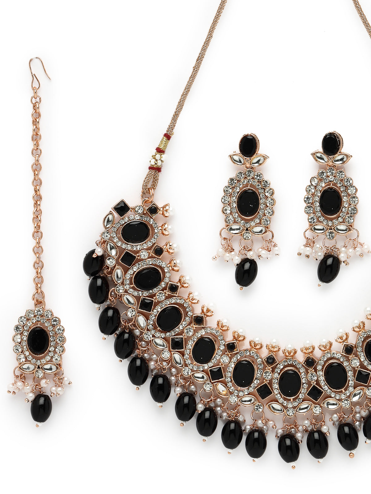 Sukkhi Bright Gold Plated Black AD Black Stones With Drop Beads Collar Bone Necklace Set With Earring And Maangtika | Jewellery Set For Women (NS105719)