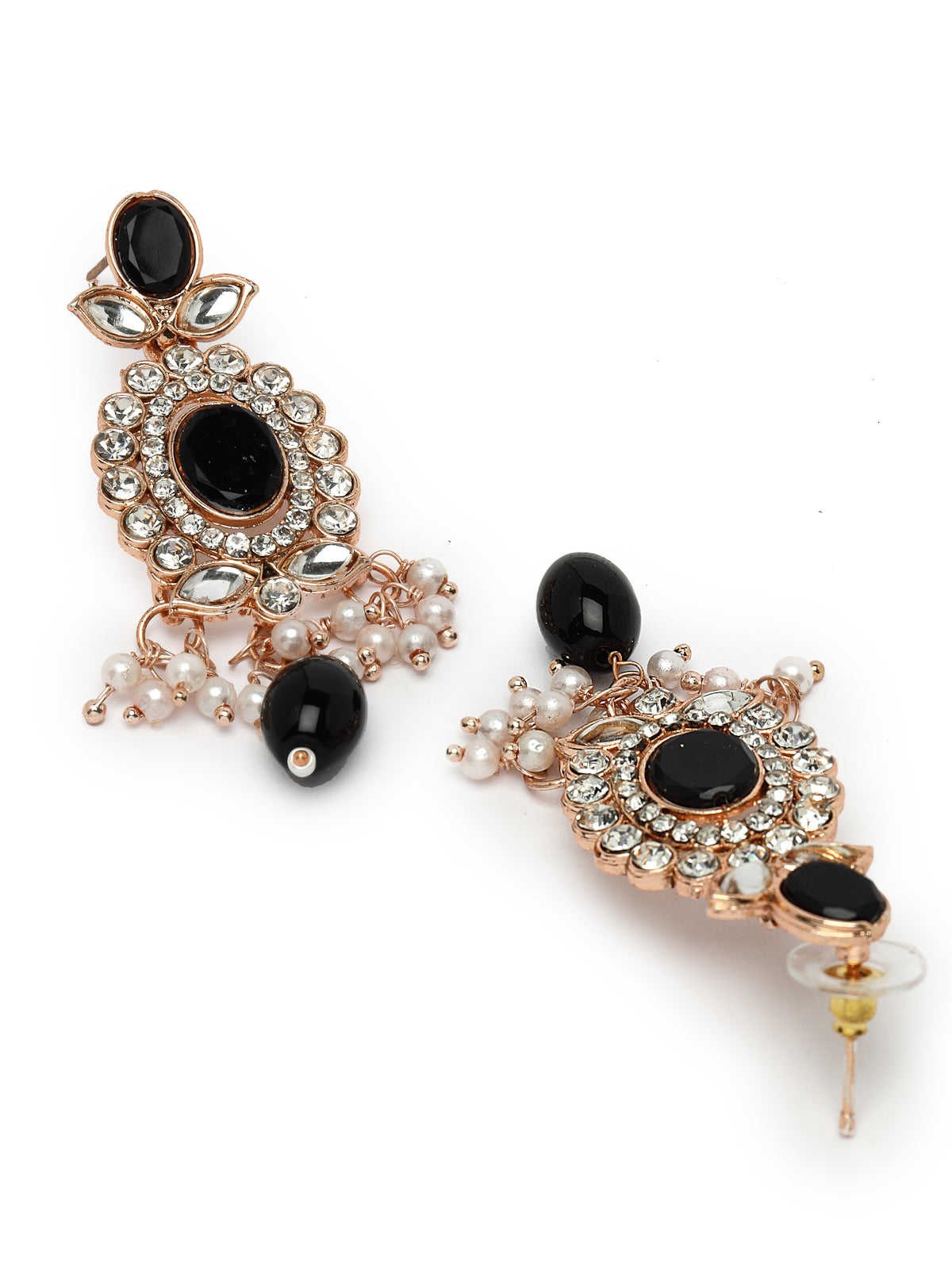 Sukkhi Bright Gold Plated Black AD Black Stones With Drop Beads Collar Bone Necklace Set With Earring And Maangtika | Jewellery Set For Women (NS105719)