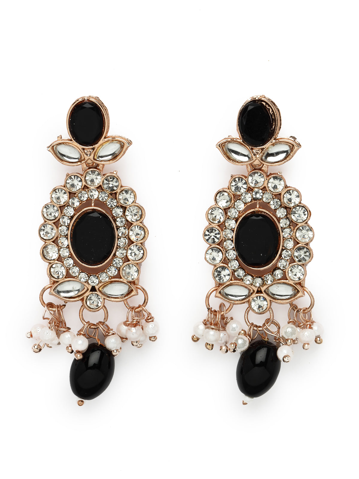 Sukkhi Bright Gold Plated Black AD Black Stones With Drop Beads Collar Bone Necklace Set With Earring And Maangtika | Jewellery Set For Women (NS105719)