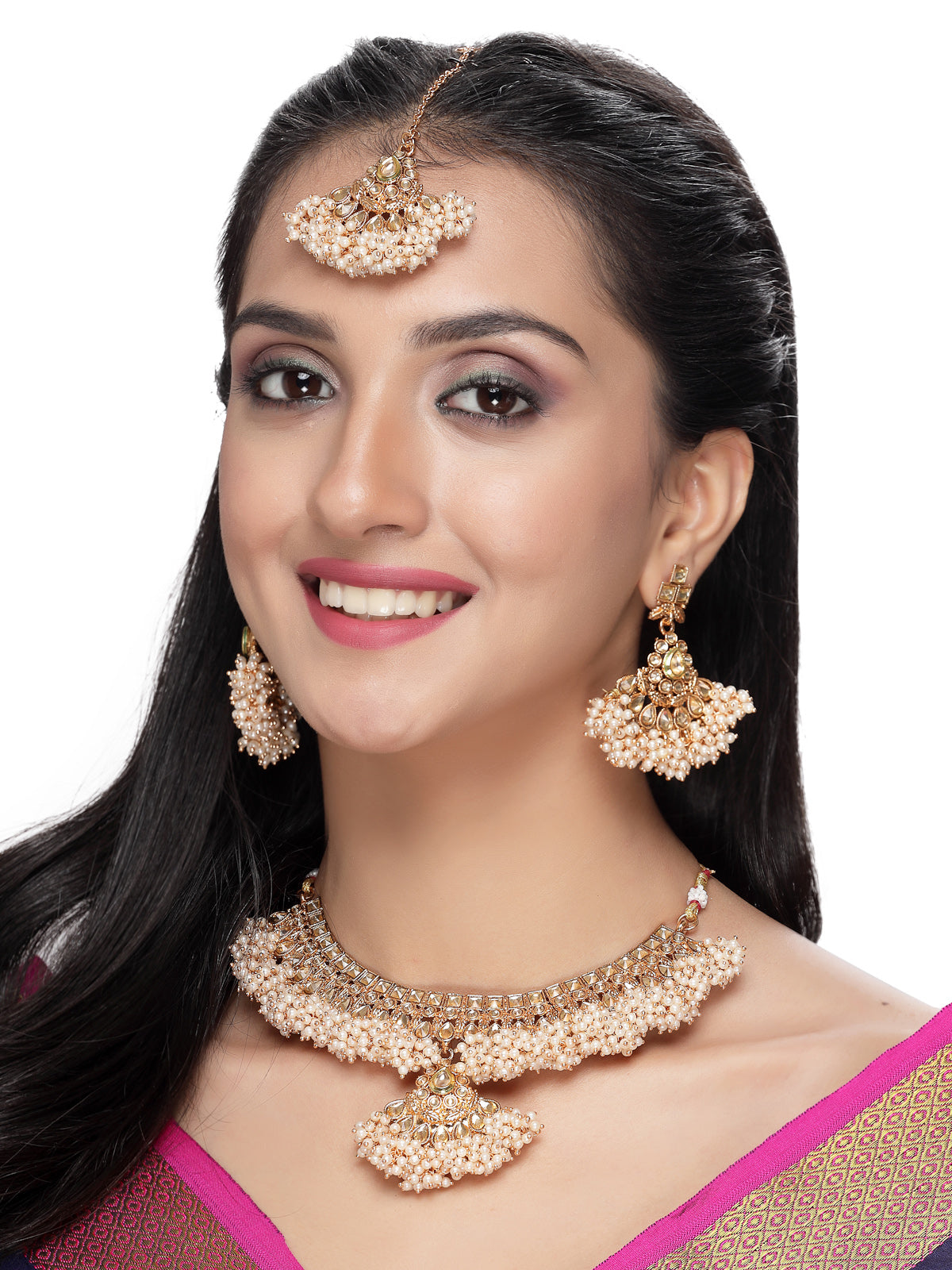 Sukkhi Ethnic Gold Plated Gold Kundan & Beads Copper Collar Bone Necklace Set With Earring And Maangtika | Jewellery Set For Women (NS105720)