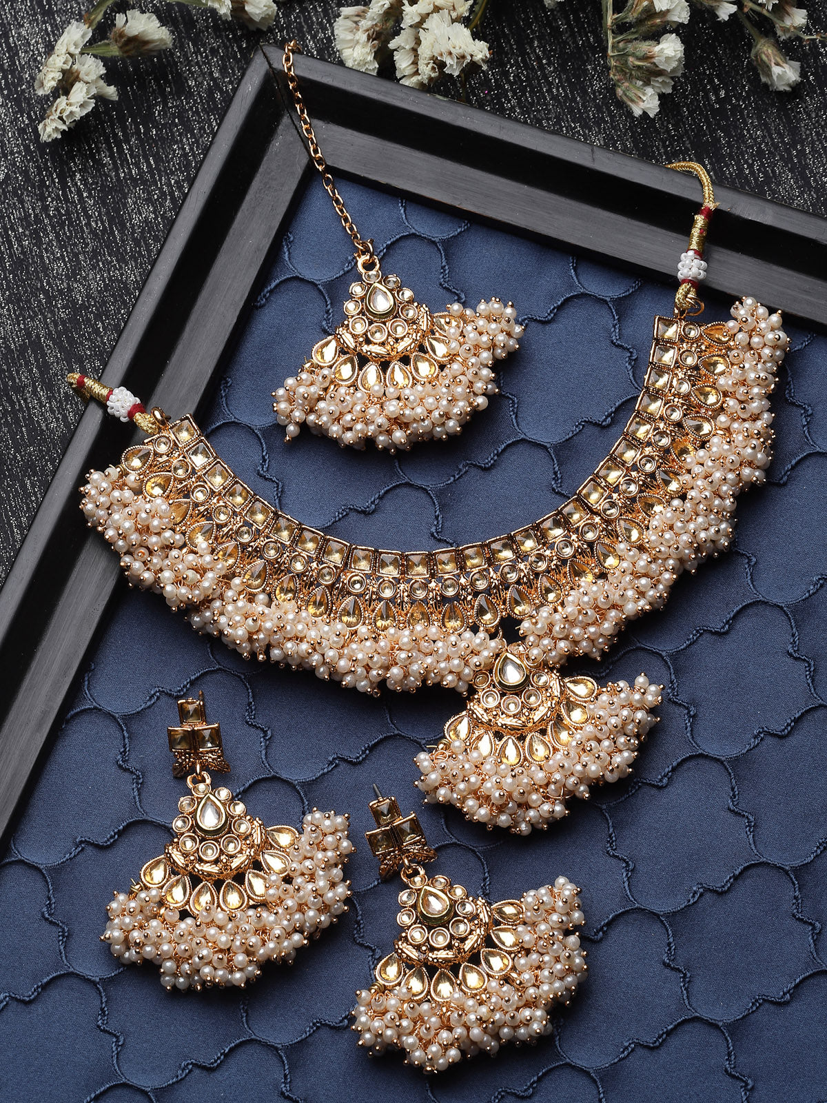 Sukkhi Ethnic Gold Plated Gold Kundan & Beads Copper Collar Bone Necklace Set With Earring And Maangtika | Jewellery Set For Women (NS105720)