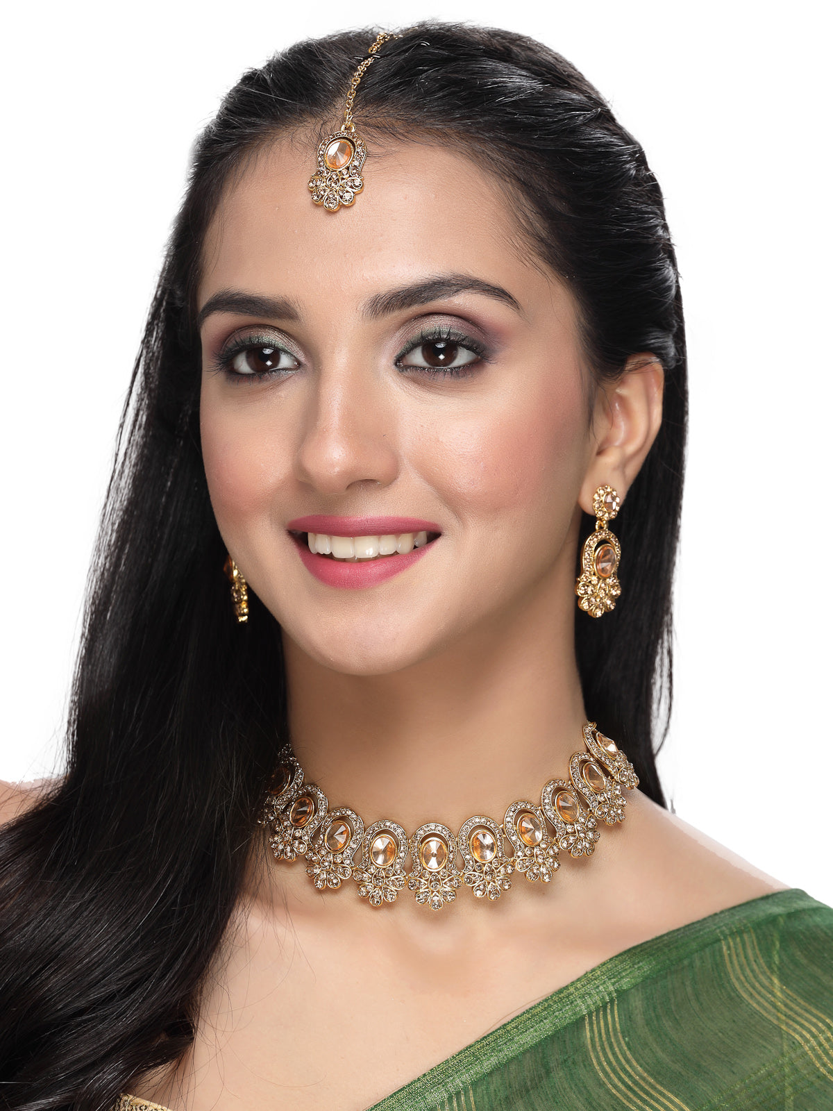 Sukkhi External Gold Plated AD Stone Collar Bone Necklace Set With Earring And Maangtika | Jewellery Set For Women (NS105722)