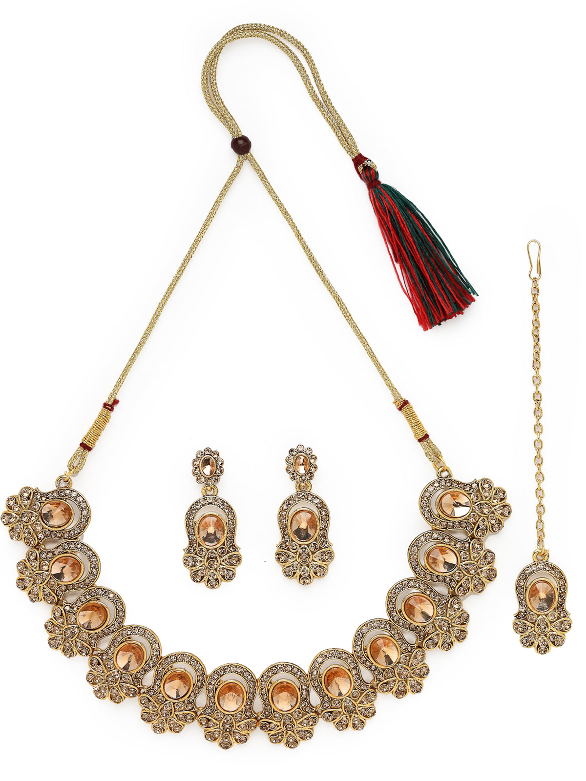 Sukkhi External Gold Plated AD Stone Collar Bone Necklace Set With Earring And Maangtika | Jewellery Set For Women (NS105722)