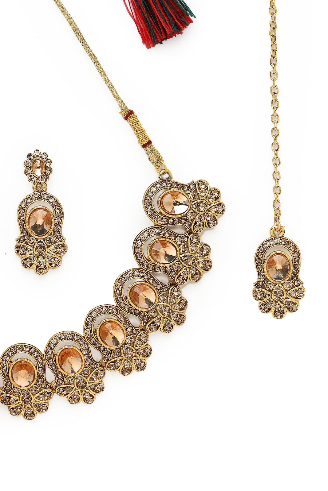 Sukkhi External Gold Plated AD Stone Collar Bone Necklace Set With Earring And Maangtika | Jewellery Set For Women (NS105722)