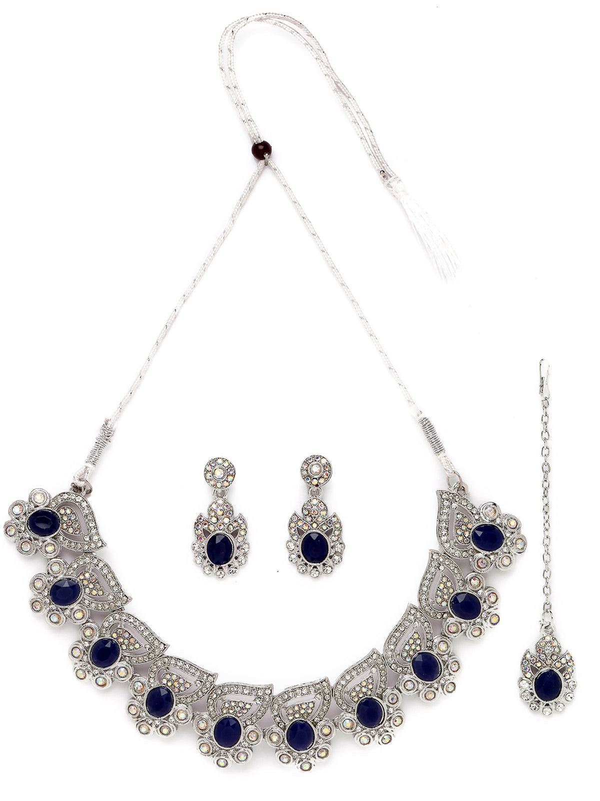Sukkhi Fancy Rhodium Plated Blue AD Stone Collar Bone Necklace Set With Earring And Maangtika | Jewellery Set For Women (NS105723)