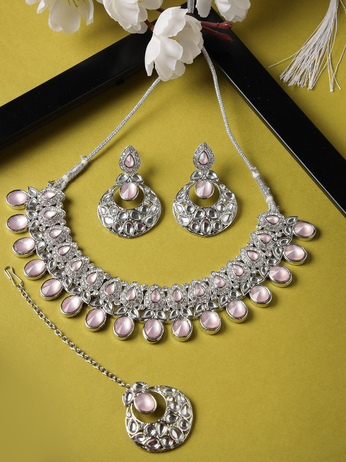 Sukkhi Felicitous Rhodium Plated Pink AD Stone Collar Bone Necklace Set With Earring And Maangtika | Jewellery Set For Women (NS105724)