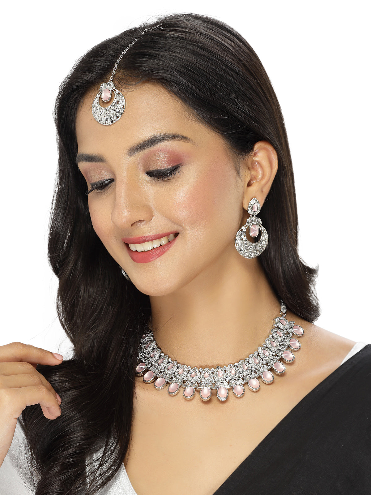 Sukkhi Felicitous Rhodium Plated Pink AD Stone Collar Bone Necklace Set With Earring And Maangtika | Jewellery Set For Women (NS105724)