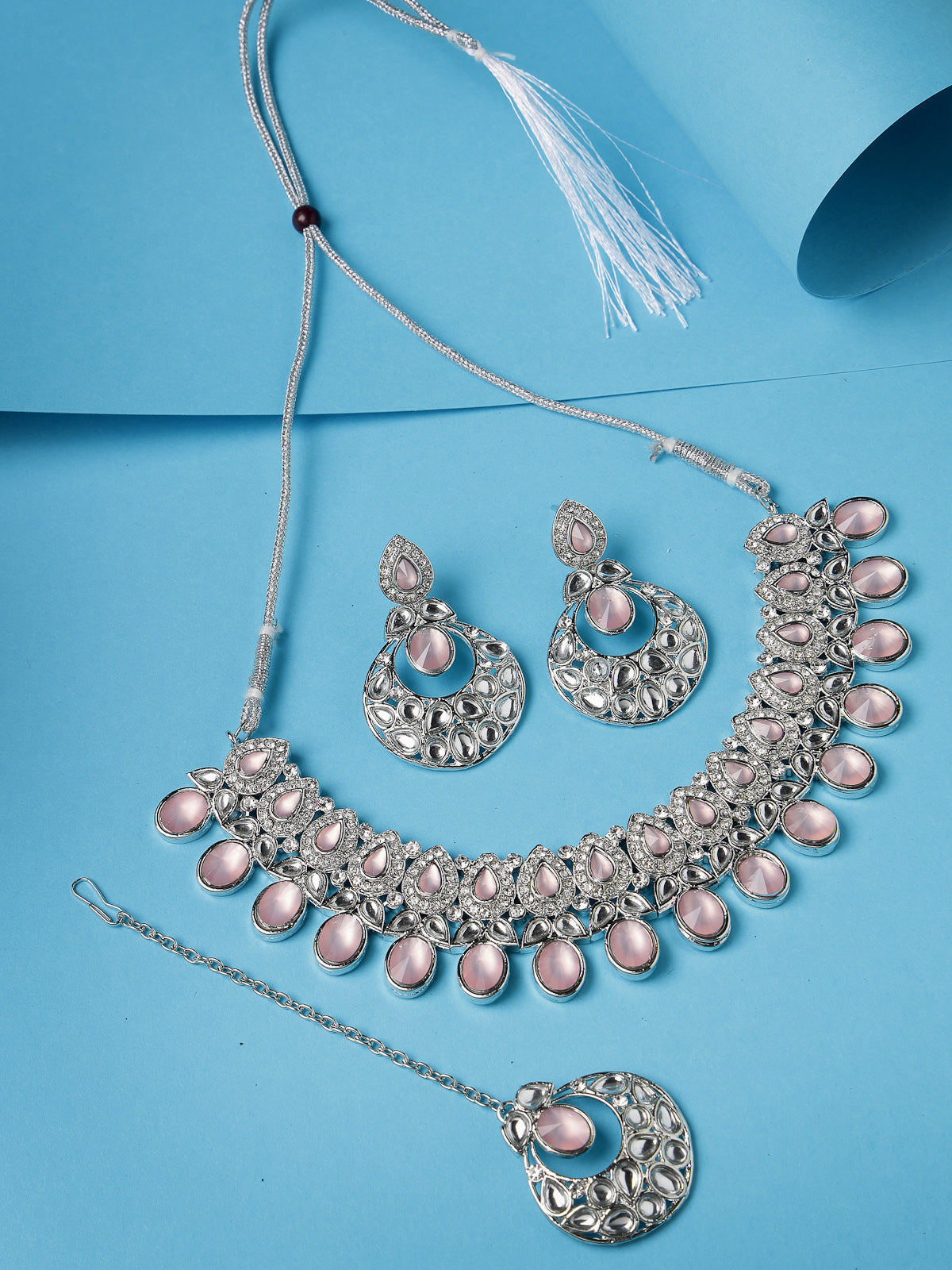 Sukkhi Felicitous Rhodium Plated Pink AD Stone Collar Bone Necklace Set With Earring And Maangtika | Jewellery Set For Women (NS105724)