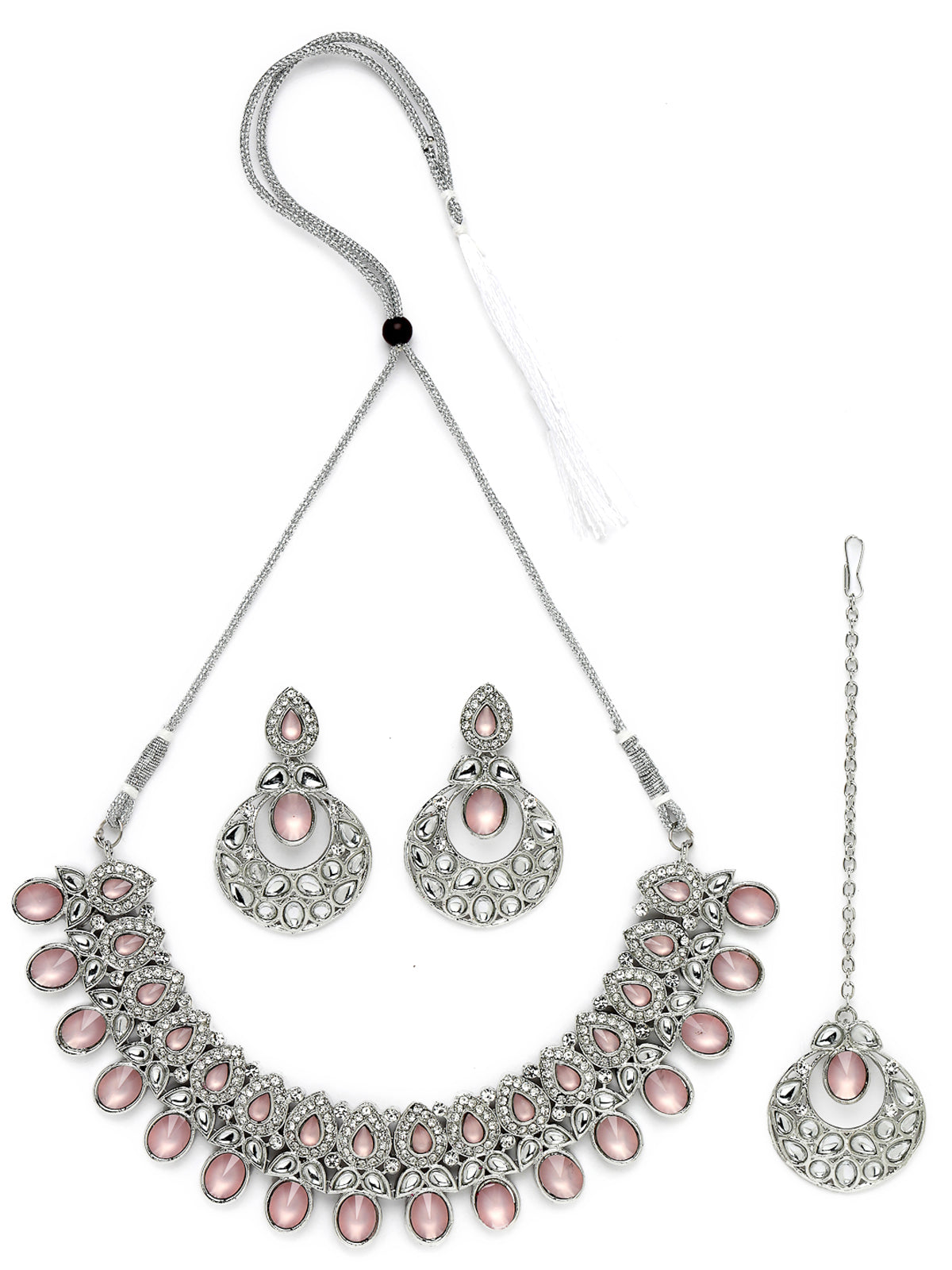Sukkhi Felicitous Rhodium Plated Pink AD Stone Collar Bone Necklace Set With Earring And Maangtika | Jewellery Set For Women (NS105724)