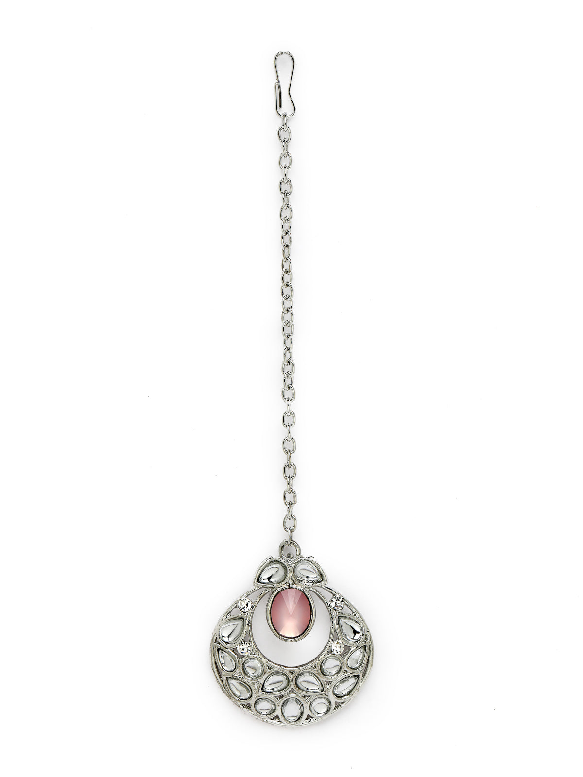 Sukkhi Felicitous Rhodium Plated Pink AD Stone Collar Bone Necklace Set With Earring And Maangtika | Jewellery Set For Women (NS105724)