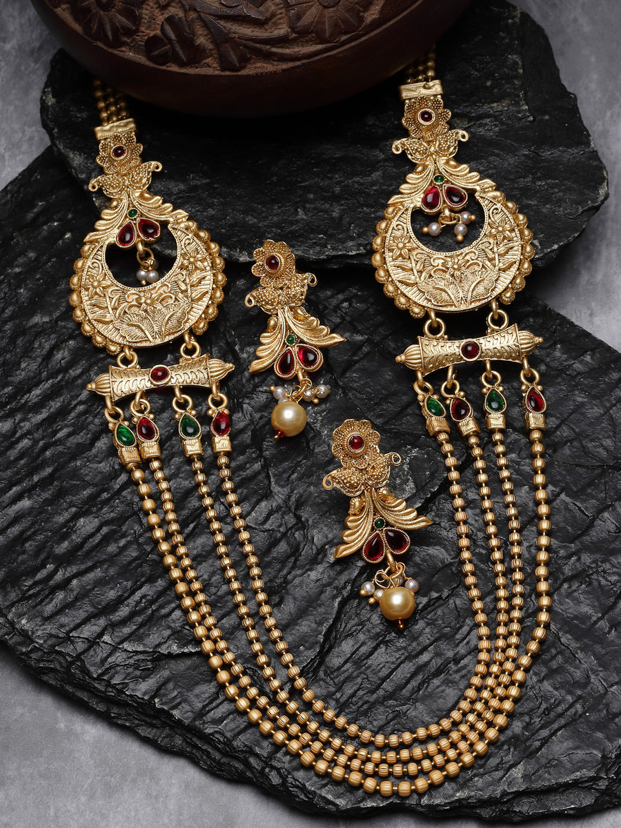 Sukkhi Impressive Gold Plated Rani Haar Long Multistring Necklace Set And Earring | Jewellery Set For Women (NS105725)