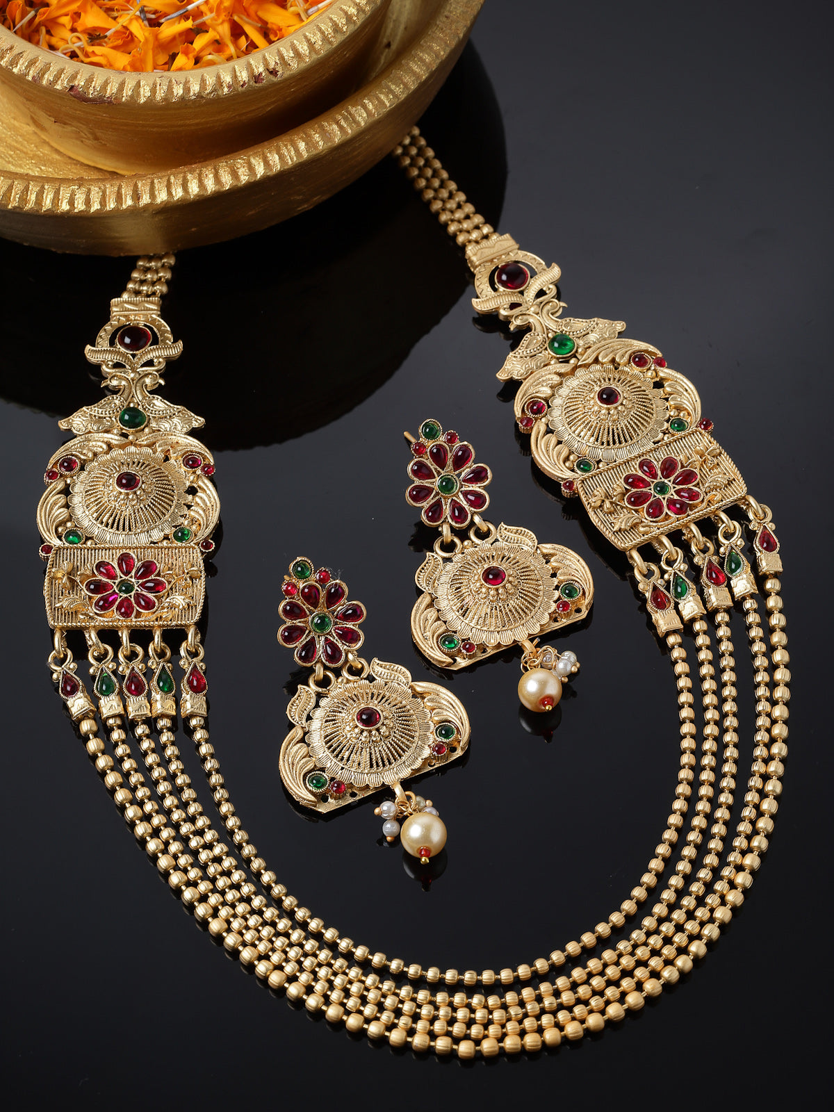 Sukkhi Heavenly Gold Plated Rani Haar Long Kundan Studded Multistring Necklace Set And Earring | Jewellery Set For Women (NS105727)