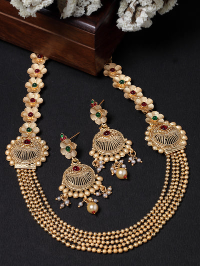 Sukkhi Ethnicfloral Gold Plated Rani Haar Long Kundan Studded Multistring Necklace Set And Earring | Jewellery Set For Women (NS105732)