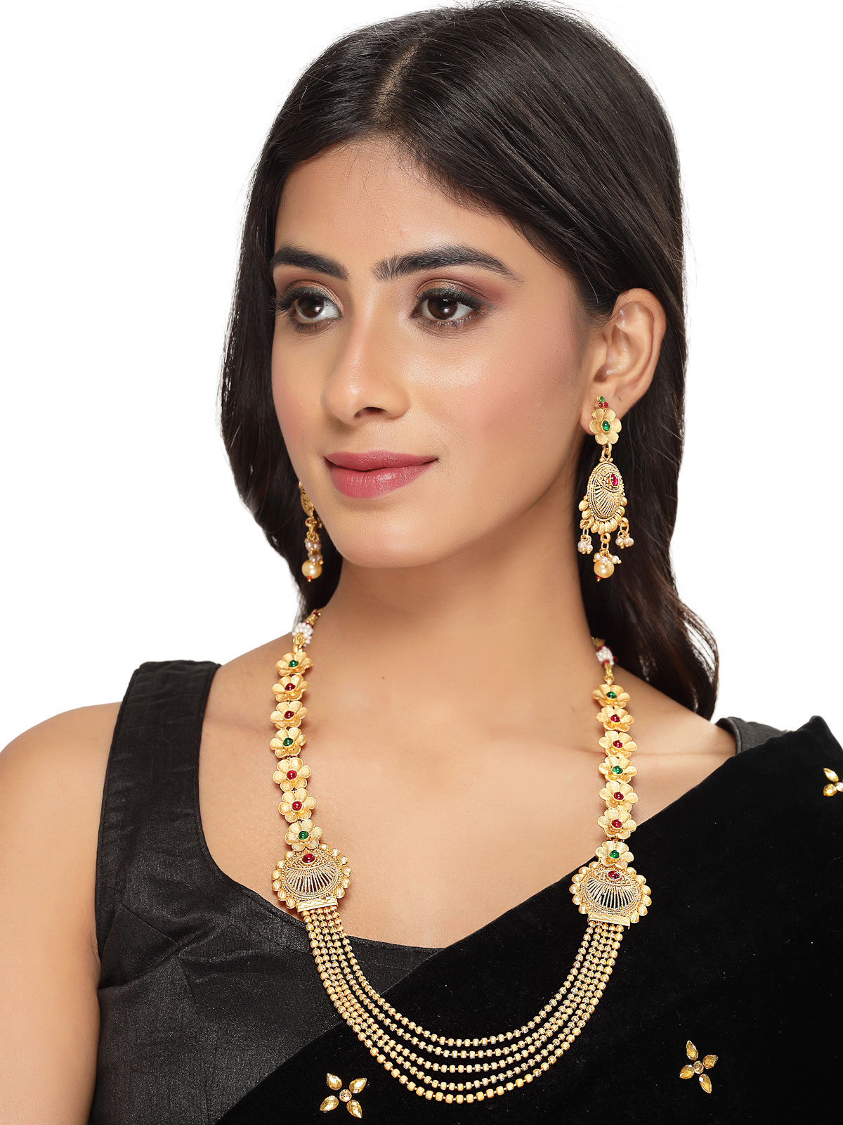 Sukkhi Ethnicfloral Gold Plated Rani Haar Long Kundan Studded Multistring Necklace Set And Earring | Jewellery Set For Women (NS105732)