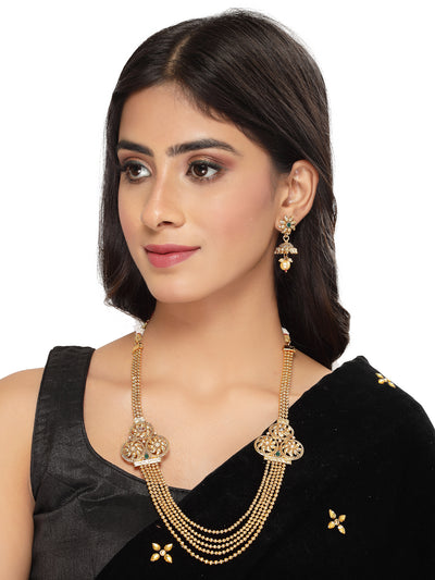 Sukkhi Inspiring Gold Plated Golden Rani Haar Long Kundan Studded Multistring Necklace Set And Earring | Jewellery Set For Women (NS105736)