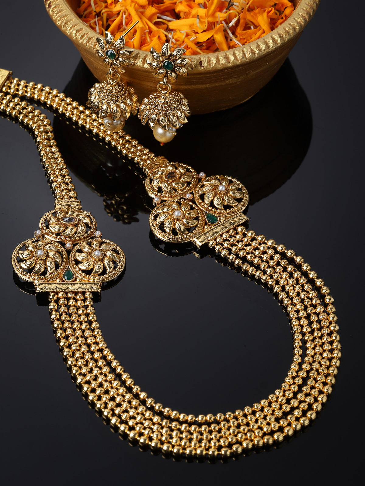 Sukkhi Inspiring Gold Plated Golden Rani Haar Long Kundan Studded Multistring Necklace Set And Earring | Jewellery Set For Women (NS105736)