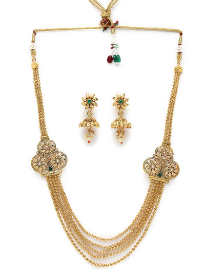 Sukkhi Inspiring Gold Plated Golden Rani Haar Long Kundan Studded Multistring Necklace Set And Earring | Jewellery Set For Women (NS105736)