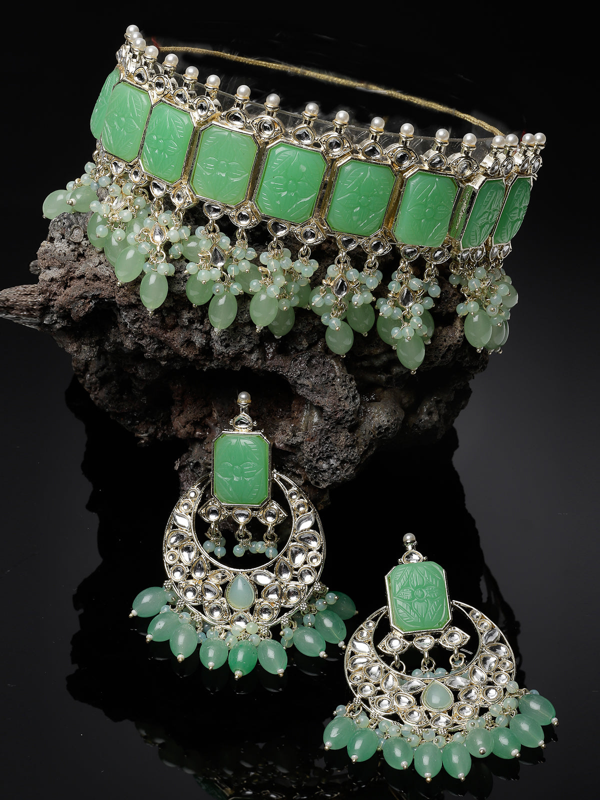 Studio Sukkhi High-fashion Gold Plated Mint Green Beads Choker Necklace Set For Women NS105799