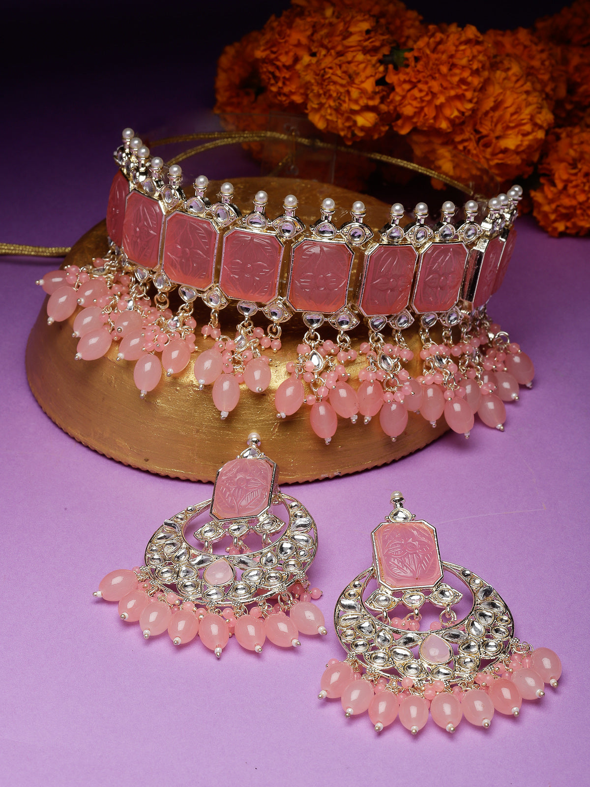 Studio Sukkhi Fashion-forward Gold Plated Pink Beads Choker Necklace Set For Women NS105800