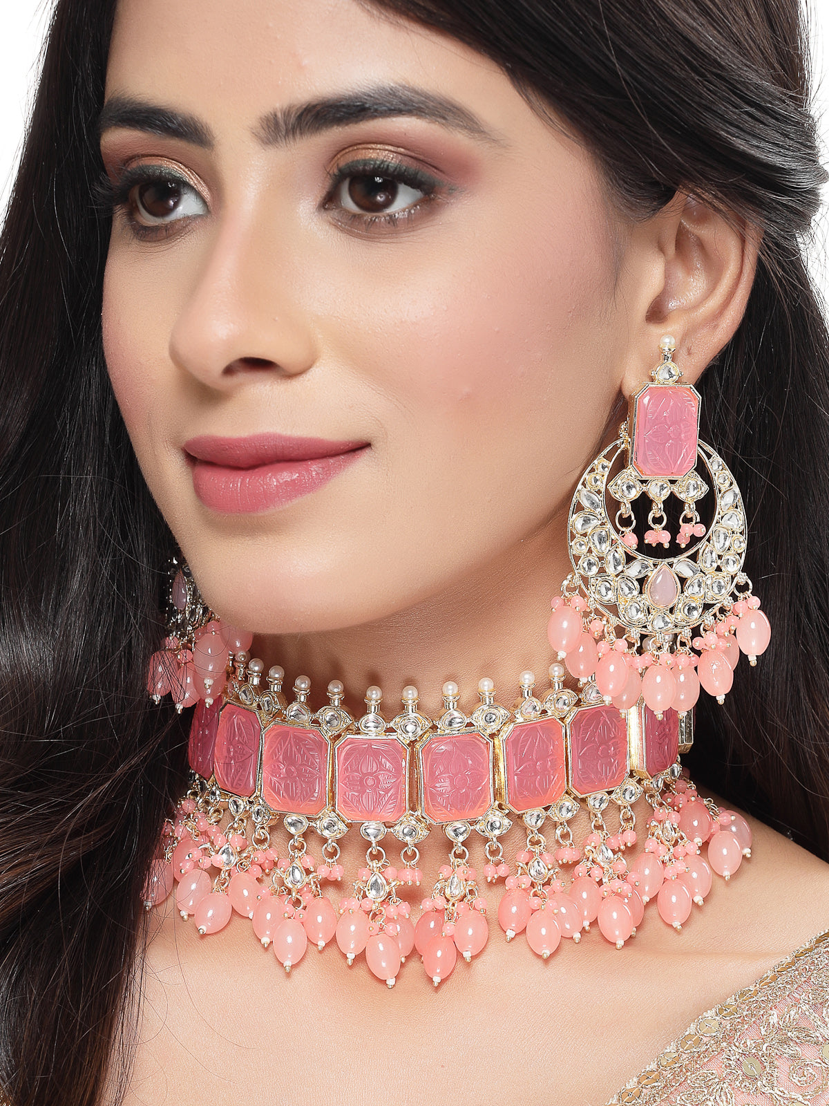 Studio Sukkhi Fashion-forward Gold Plated Pink Beads Choker Necklace Set For Women NS105800