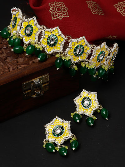 Studio Sukkhi Divine Gold Plated Yellow & Green Beads Cluster Drops Kundan Choker Necklace Set For Women NS105802
