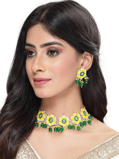 Studio Sukkhi Divine Gold Plated Yellow & Green Beads Cluster Drops Kundan Choker Necklace Set For Women NS105802