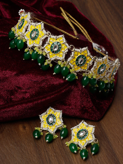 Studio Sukkhi Divine Gold Plated Yellow & Green Beads Cluster Drops Kundan Choker Necklace Set For Women NS105802