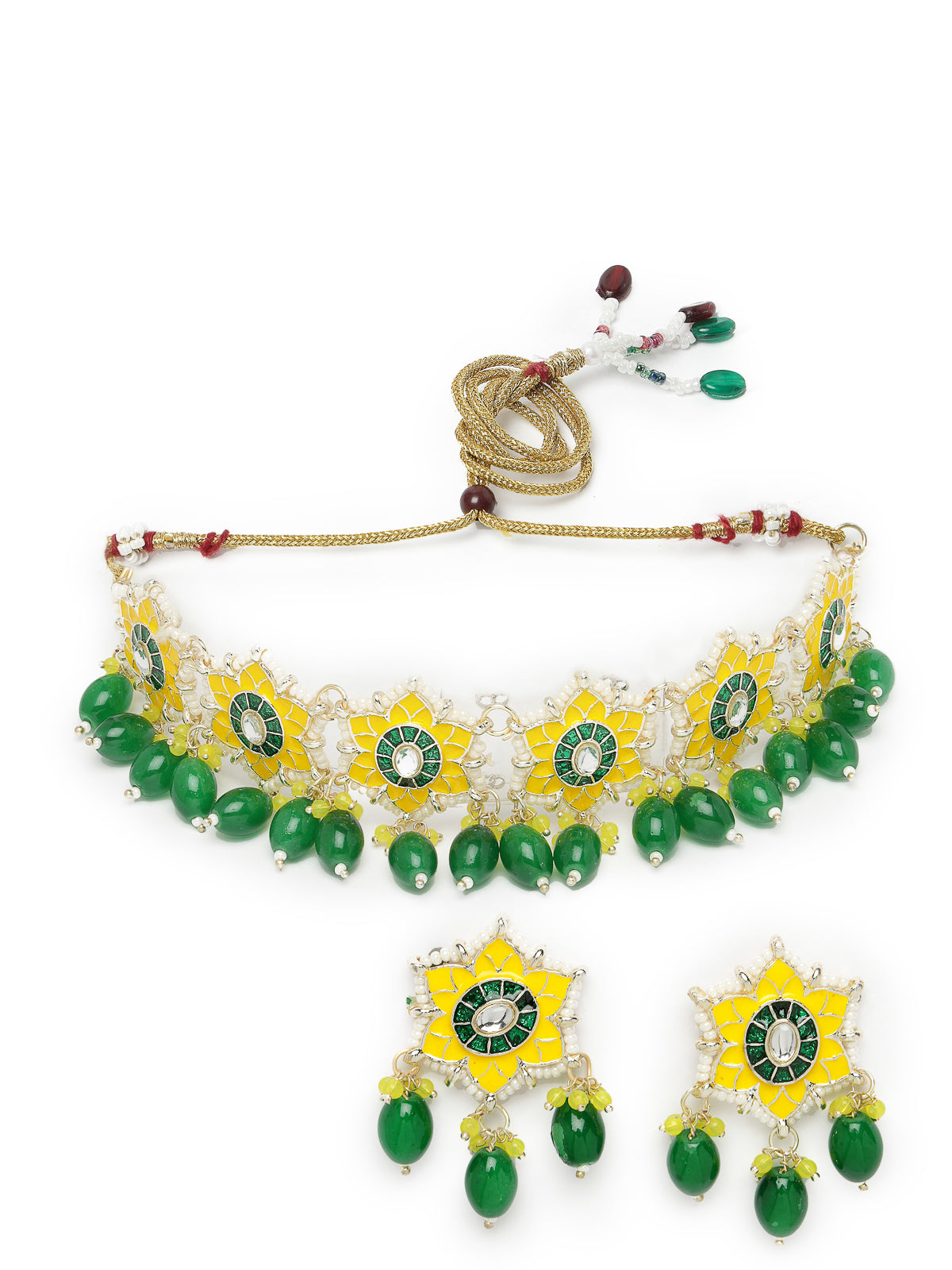 Studio Sukkhi Divine Gold Plated Yellow & Green Beads Cluster Drops Kundan Choker Necklace Set For Women NS105802