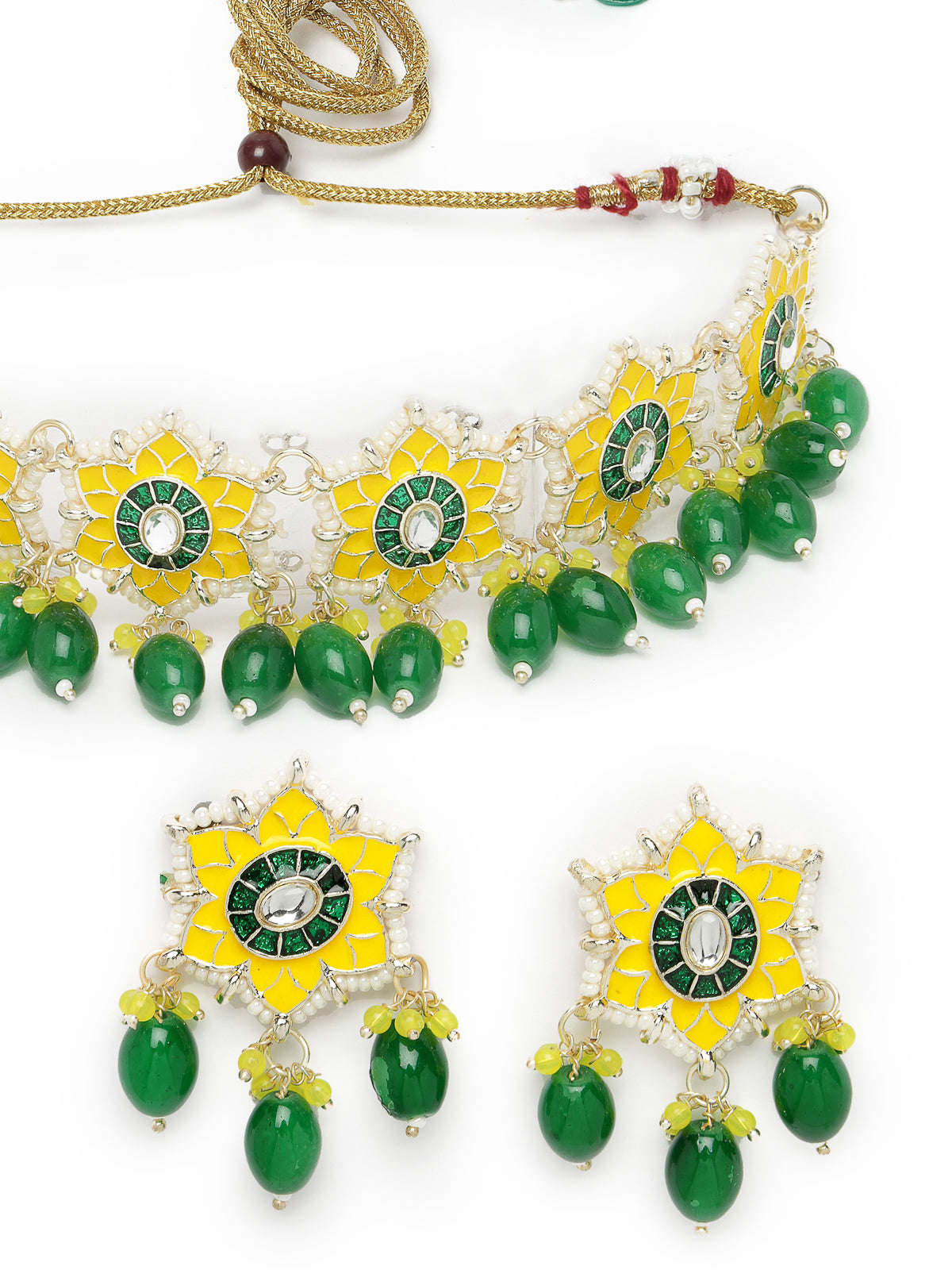 Studio Sukkhi Divine Gold Plated Yellow & Green Beads Cluster Drops Kundan Choker Necklace Set For Women NS105802