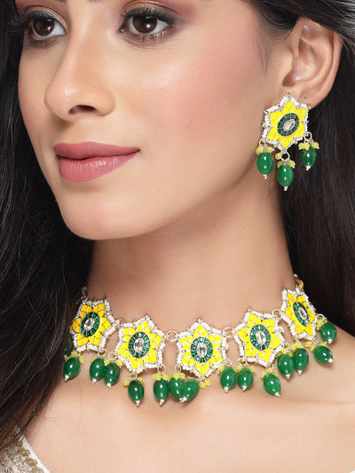 Studio Sukkhi Divine Gold Plated Yellow & Green Beads Cluster Drops Kundan Choker Necklace Set For Women NS105802
