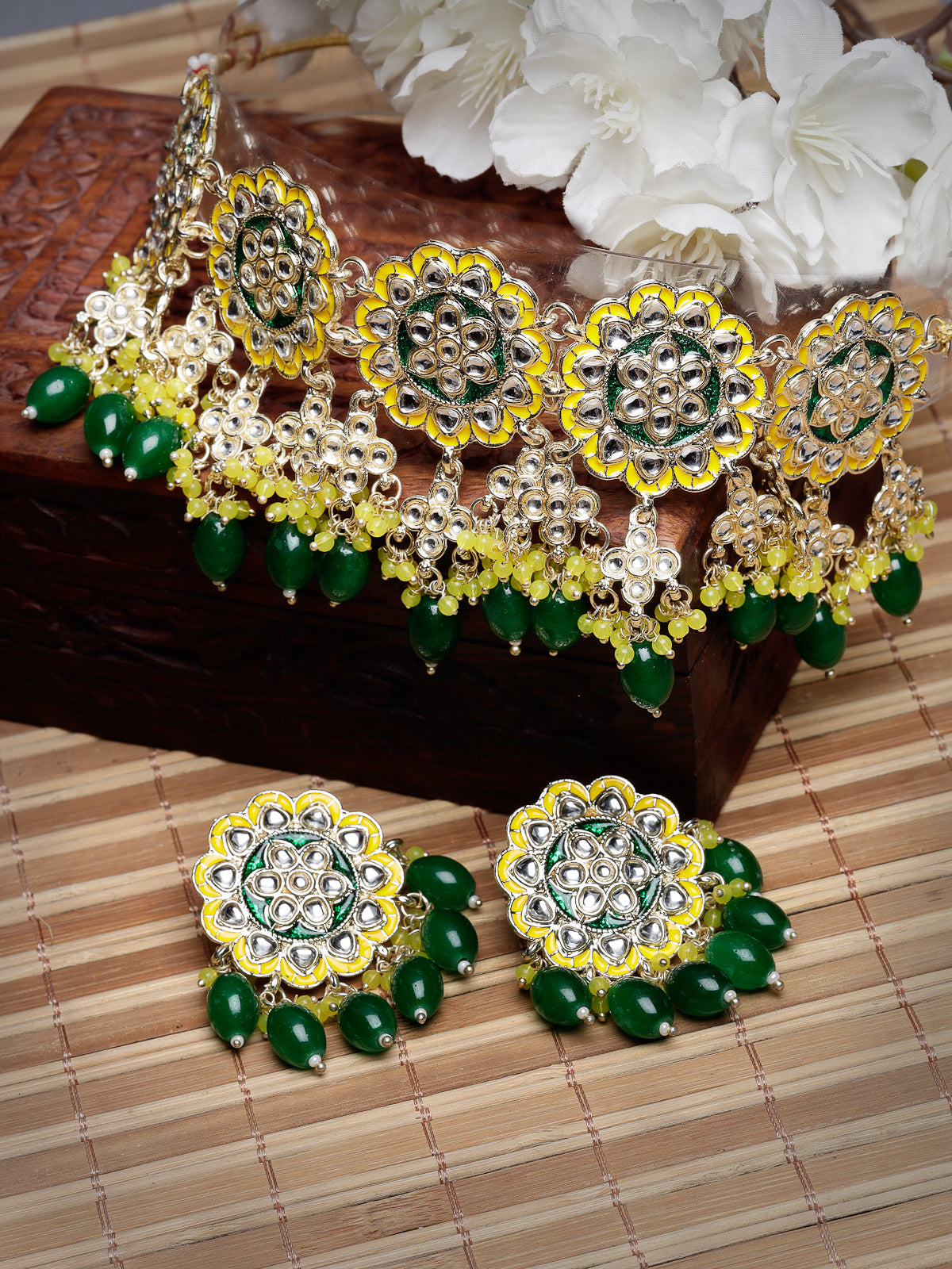 Studio Sukkhi Pretty Gold Plated Yellow & Green Beads Cluster Drops Kundan Choker Necklace Set For Women NS105803