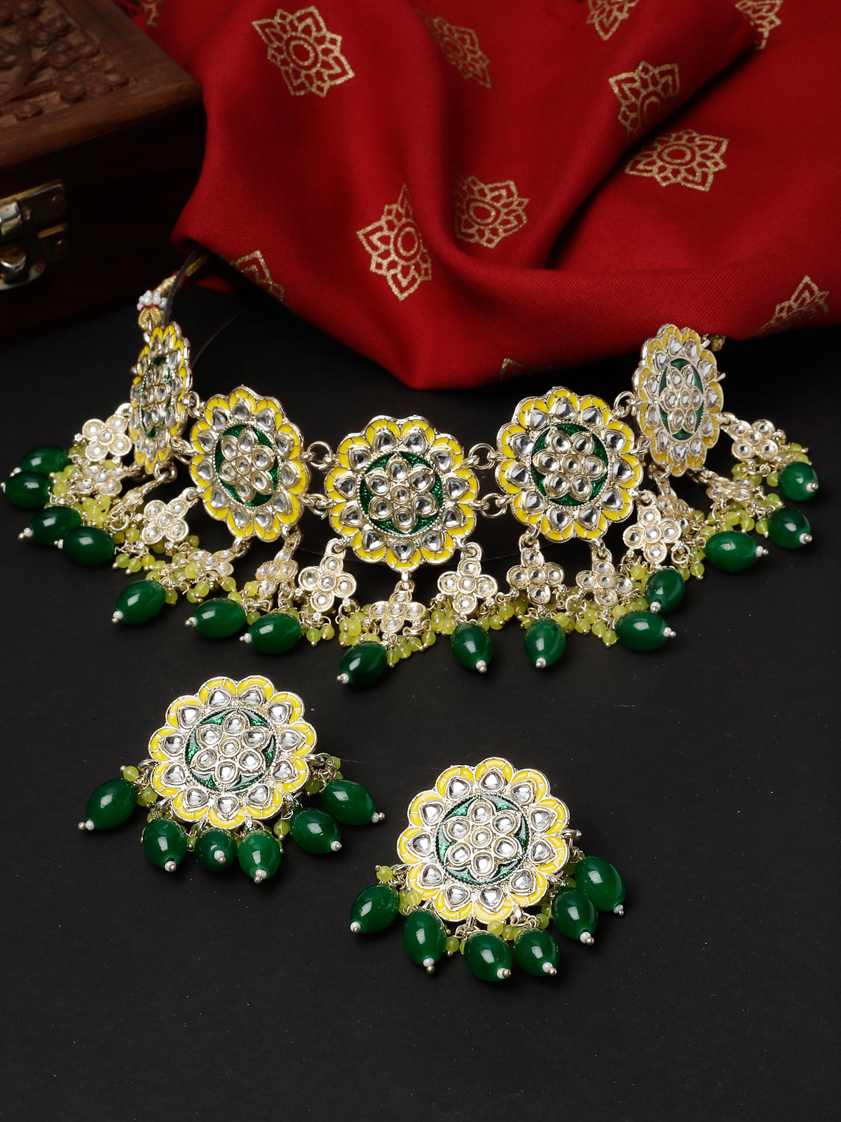 Studio Sukkhi Pretty Gold Plated Yellow & Green Beads Cluster Drops Kundan Choker Necklace Set For Women NS105803