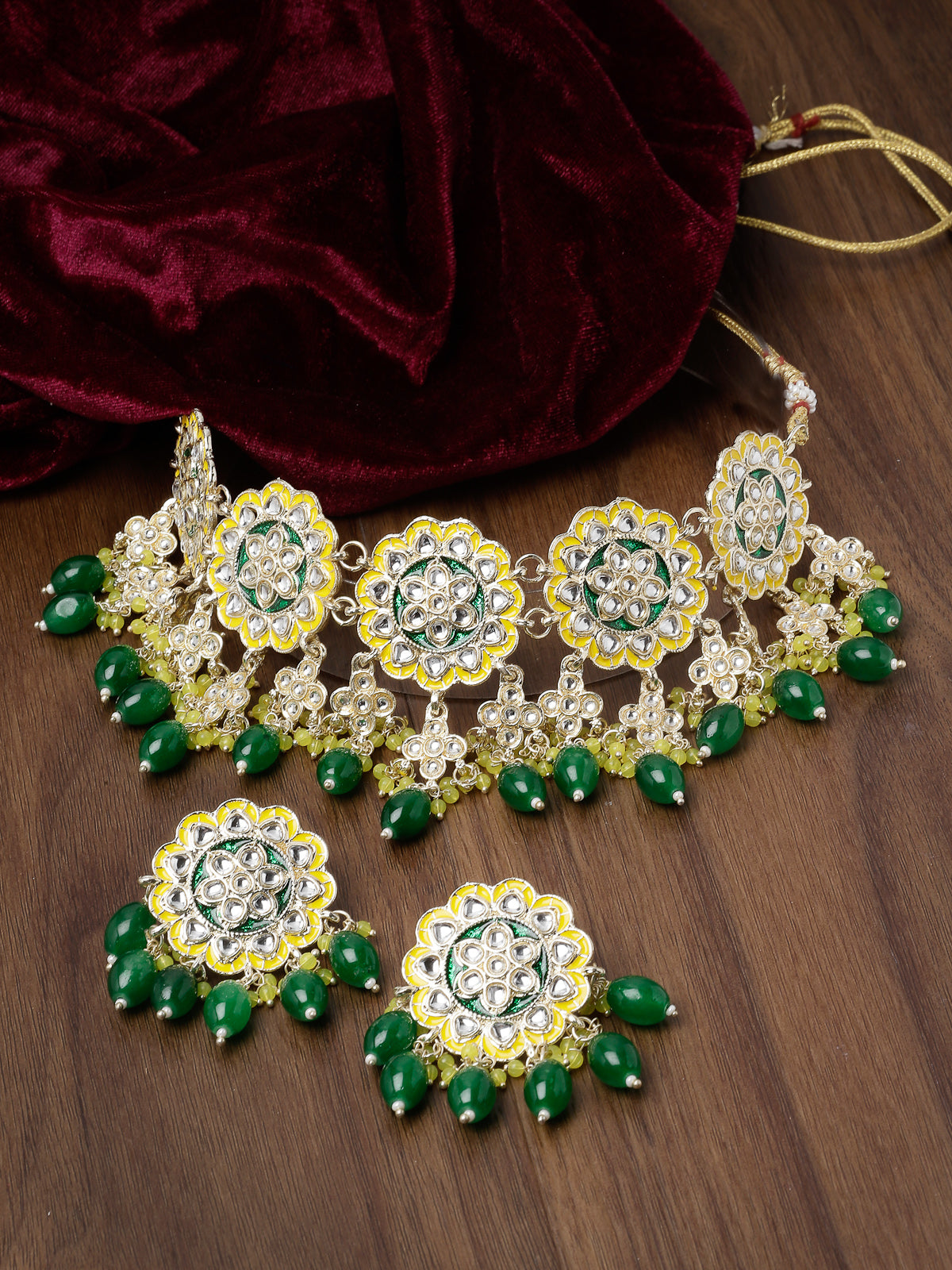 Studio Sukkhi Pretty Gold Plated Yellow & Green Beads Cluster Drops Kundan Choker Necklace Set For Women NS105803
