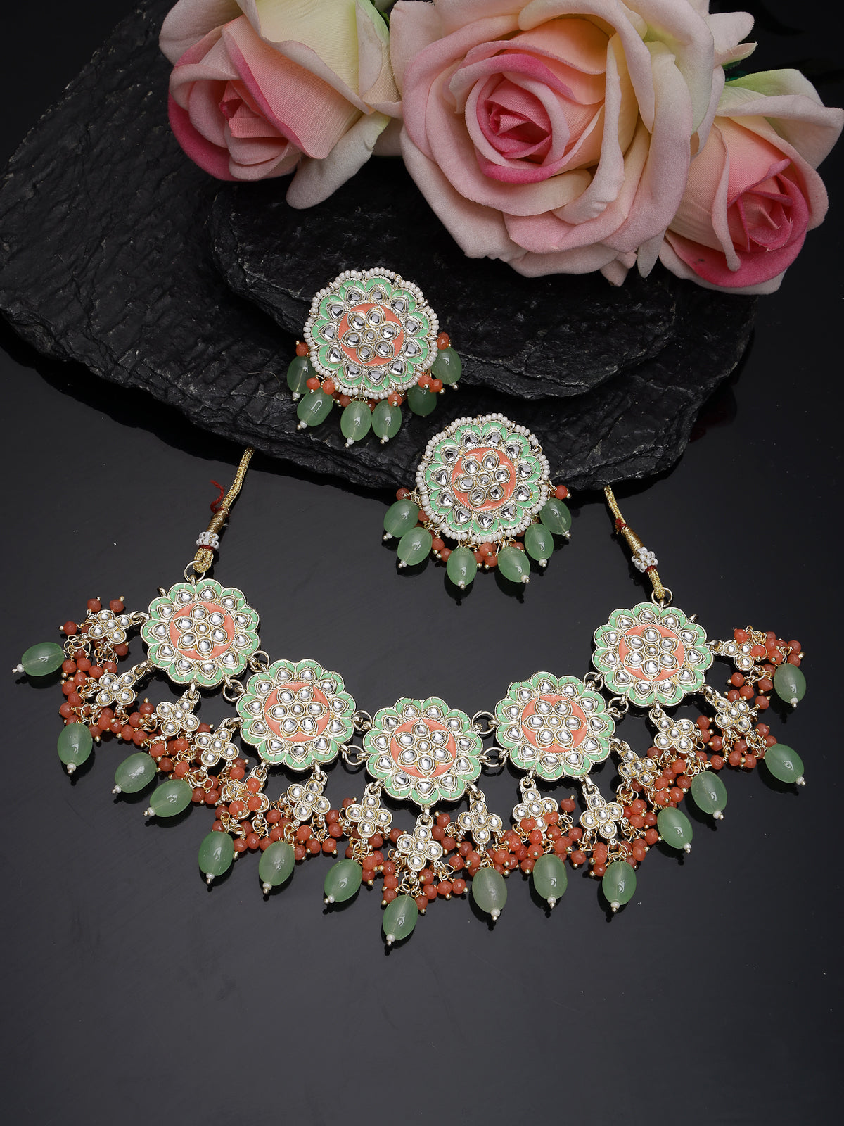 Studio Sukkhi Flawless Gold Plated Mint Green & Red Beads Beads Cluster Drops Kundan Choker Necklace Earring Set For Women NS105804