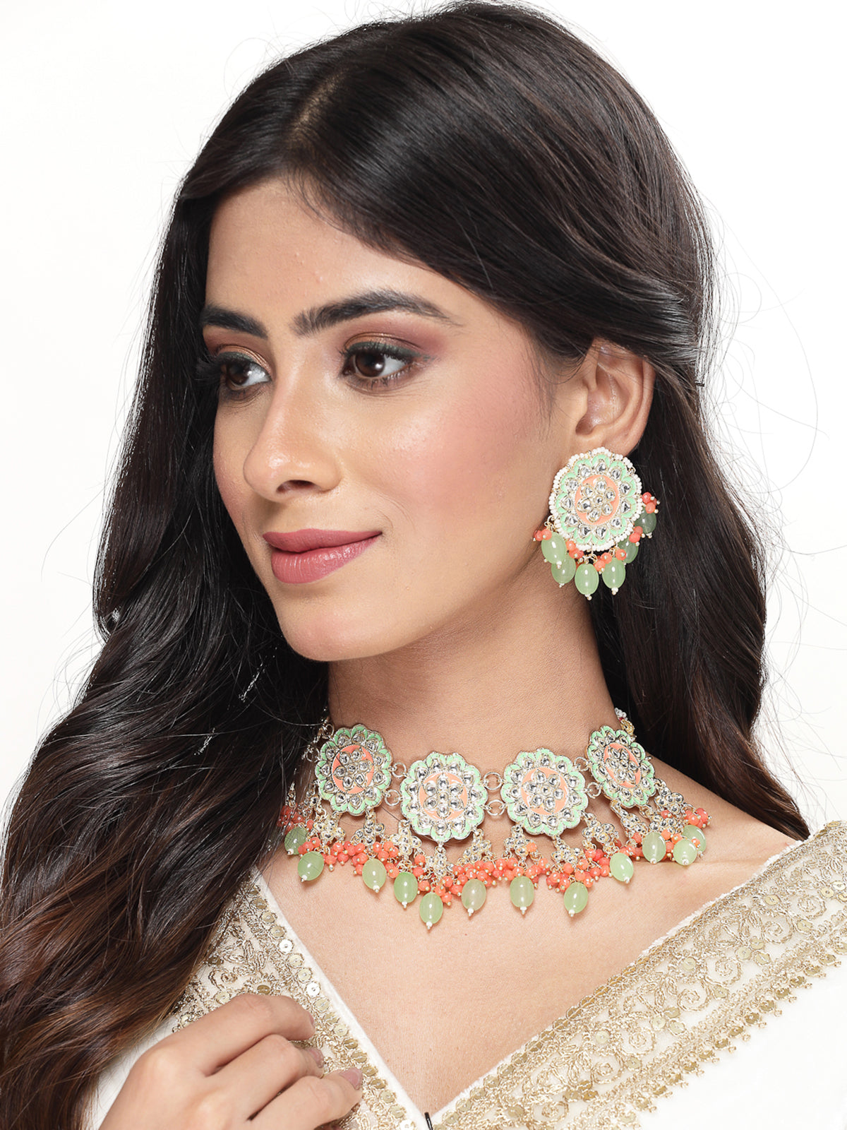 Studio Sukkhi Flawless Gold Plated Mint Green & Red Beads Beads Cluster Drops Kundan Choker Necklace Earring Set For Women NS105804