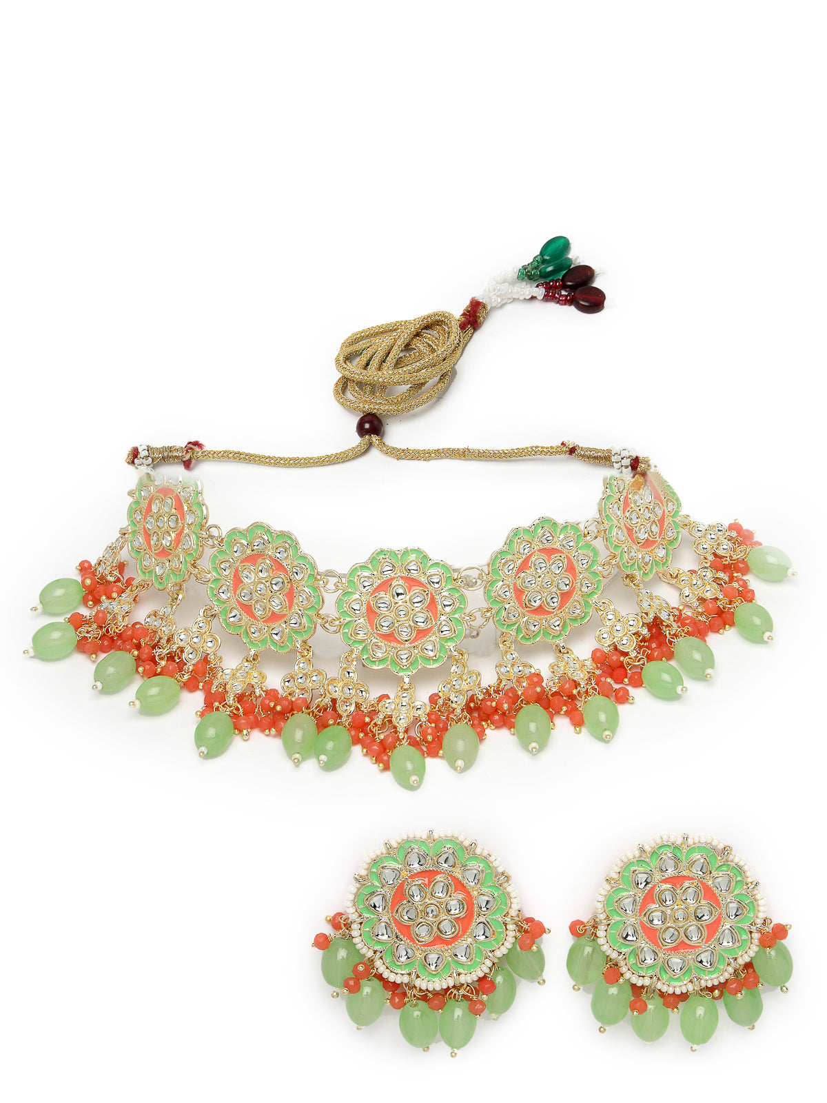 Studio Sukkhi Flawless Gold Plated Mint Green & Red Beads Beads Cluster Drops Kundan Choker Necklace Earring Set For Women NS105804