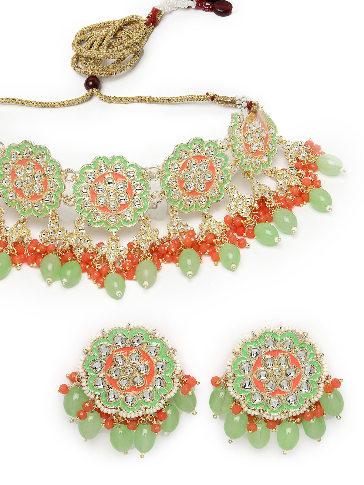 Studio Sukkhi Flawless Gold Plated Mint Green & Red Beads Beads Cluster Drops Kundan Choker Necklace Earring Set For Women NS105804