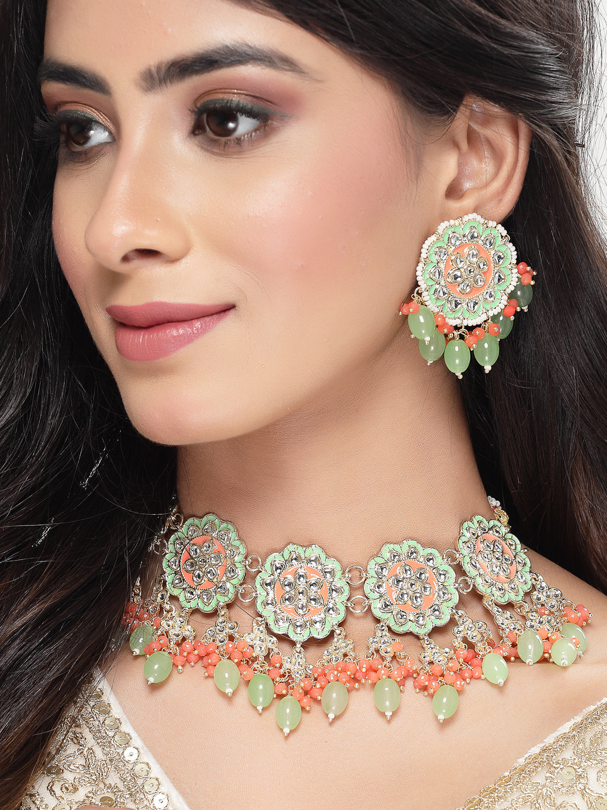 Studio Sukkhi Flawless Gold Plated Mint Green & Red Beads Beads Cluster Drops Kundan Choker Necklace Earring Set For Women NS105804
