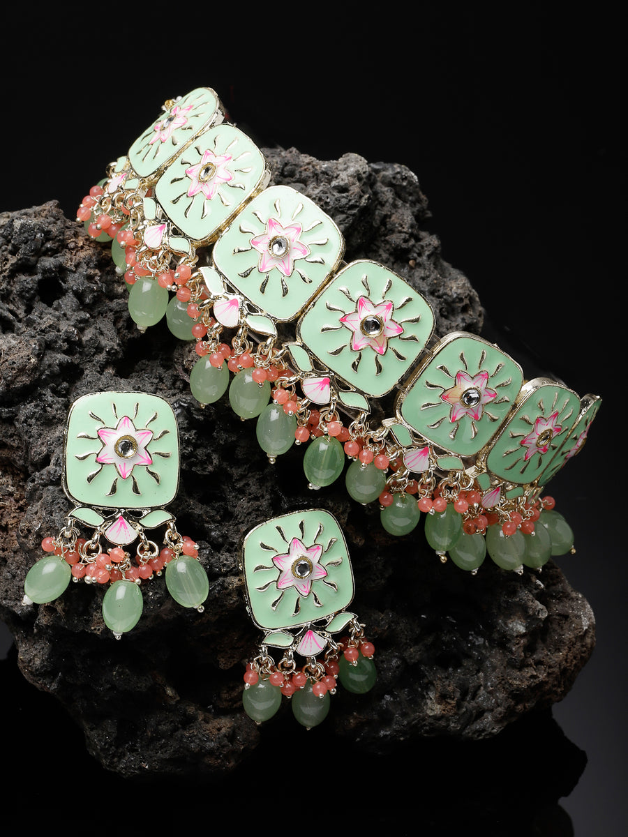 Studio Sukkhi Geometric Gold Plated Mint Green & Red Beads Cluster Drops Kundan Choker Necklace Earring Set For Women NS105805